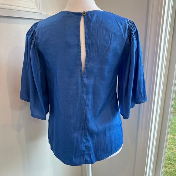 FRNCH Blue XS Prairie Cottagecore Wide Sleeve Keyhole Silk-Feel Blouse Shirt - Picture 4 of 6